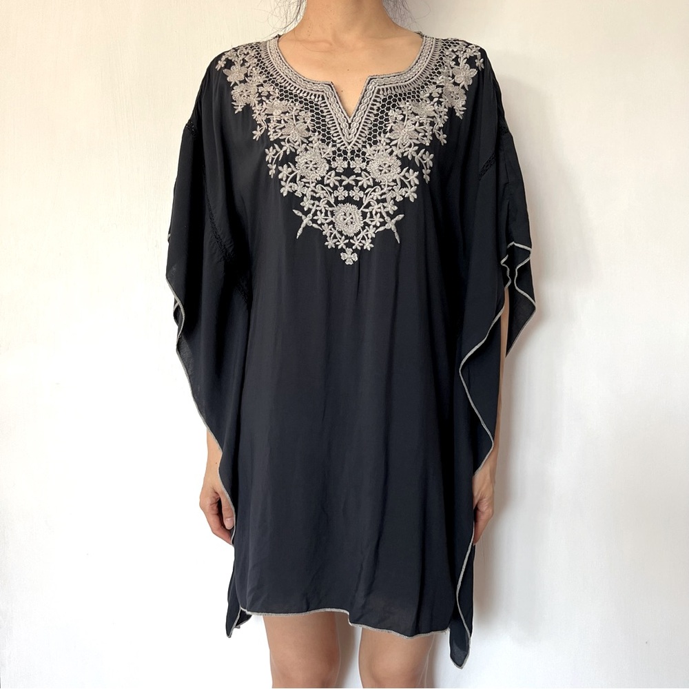 Embroidered coverup rayon blend navy tunic top lace trim unique - S